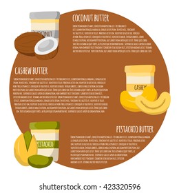 Vector illustration card with cartoon nut butter: coconut, cashew, pistachio. Fresh healthy snack, breakfast, lunch. Vector jars with nuts butter. Vegetarian, vegan protein oily high caloric food