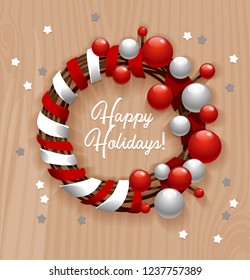 vector illustration card with Christmas wreath, decorations and Happy holidays!