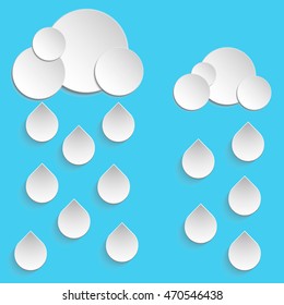 vector illustration of card with clouds and rain water drops on blue background in paper cut design