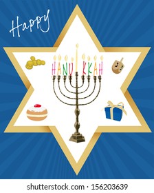 Vector Illustration card with a collection of traditional objects for the Jewish holiday of Hanukkah