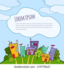 vector illustration. card. colorful eco-friendly town with space for text