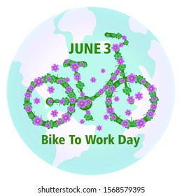 Vector illustration. Card with concept of green ecology on Earth. Bike to work day. June 3.