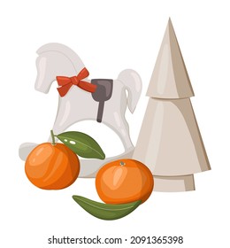 Vector illustration card of conical Christmas tree, vintage rocking horse, mandarin with leaf in scandinavian style for sticker, print, invitation 