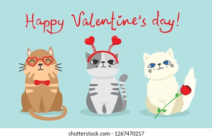 Vector illustration card with cute cartoon little Valentine cats in love and funny greeting text Happy Valentine's Day 