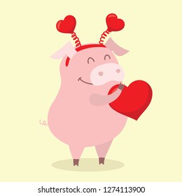 Vector illustration card with cute cartoon little Valentine pig in love