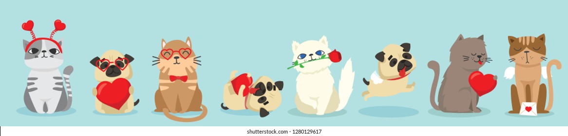 Vector illustration card with cute cartoon little Valentine puppy cat and dog in love for greeting card in flat style