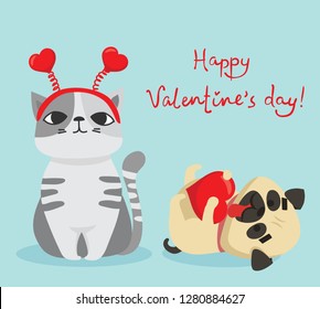 Vector illustration card with cute cartoon little Valentine cat and dog in love and funny greeting text Happy Valentine's Day