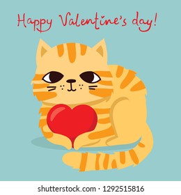 Vector illustration card with cute cartoon little Valentine cat in love and funny greeting text Happy Valentine's Day 