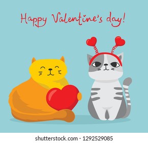 Vector illustration card with cute cartoon little Valentine cats in love and funny greeting text Happy Valentine's Day 