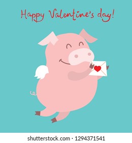 Vector illustration card with cute cartoon little Valentine pigin love and funny greeting text Happy Valentine's Day