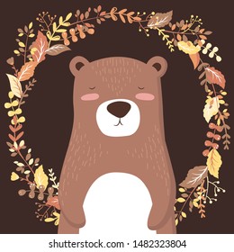 Vector illustration card with cute cartoon bear in floral wreath