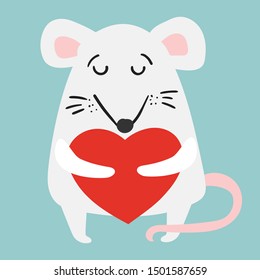 Vector illustration card with cute cartoon little Valentine mouse in love  with heart