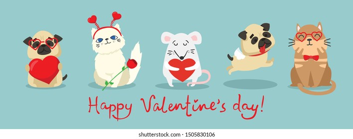 Vector illustration card with cute cartoon little Valentine cats, dogs, rats in love and  funny greeting text Happy Valentine's Day