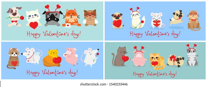 Vector illustration card with cute cartoon little Valentine cats, dogs, rats in love and funny greeting text Happy Valentine's Day