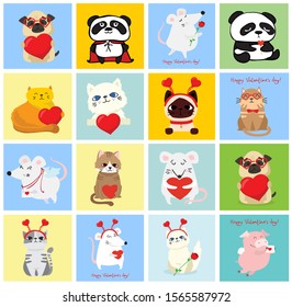 Vector illustration card with cute cartoon little Valentine cats, dogs, rats in love and funny greeting text Happy Valentine's Day