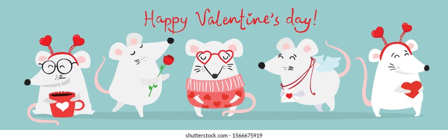 Vector illustration card with cute cartoon little Valentine mouses or rats in love with heart