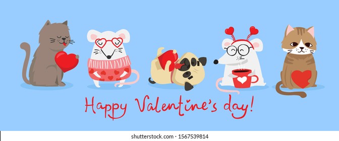 Vector illustration card with cute cartoon little Valentine cats, dogs, rats in love and funny greeting text Happy Valentine's Day