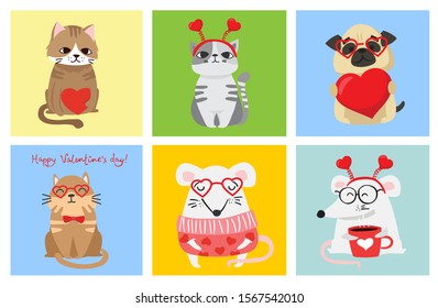 Vector illustration card with cute cartoon little Valentine cats, dogs, rats in love and funny greeting text Happy Valentine's Day