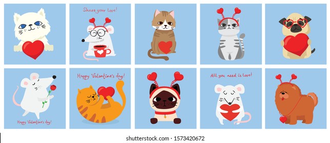 Vector illustration card with cute cartoon little Valentine cats, dogs, rats in love and funny greeting text Happy Valentine's Day