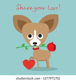 Vector illustration card with cute cartoon little Valentine dog in love with heart