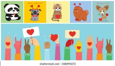 Vector illustration card with cute cartoon little Valentine cats, dogs, rats in love and funny greeting text Happy Valentine's Day