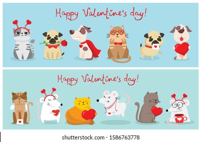 Vector illustration card with cute cartoon little Valentine cats and dogs in love and funny greeting text Happy Valentine's Day