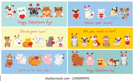 Vector illustration card with cute cartoon little Valentine cats, dogs, rats in love and funny greeting text Happy Valentine's Day