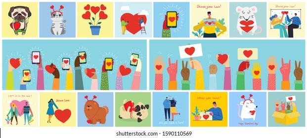 Vector illustration card with cute cartoon little Valentine cats, dogs, rats in love and funny greeting text Happy Valentine's Day