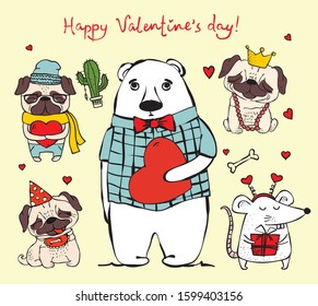Vector illustration card with cute cartoon little Valentine pug-puppy dogs, rat and bear in love and funny greeting text Happy Valentine's Day