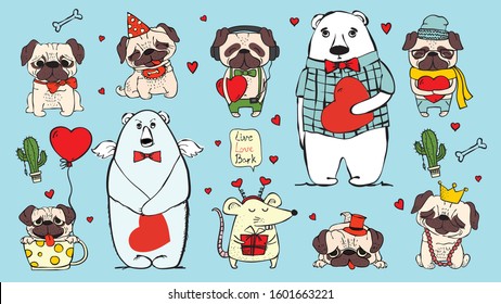 Vector illustration card with cute cartoon little Valentine pug-puppy dogs, rat and bear in love and funny greeting text Happy Valentine's Day