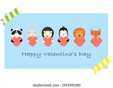 Vector illustration card with cute cartoon little Valentine animals, panda, rabbit, hedgehog, penguin, lion, fox and funny greeting text Happy Valentine's Day