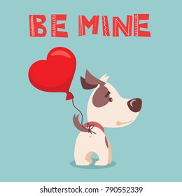 Vector illustration card with cute cartoon little Valentine dog-puppy in love and funny greeting text