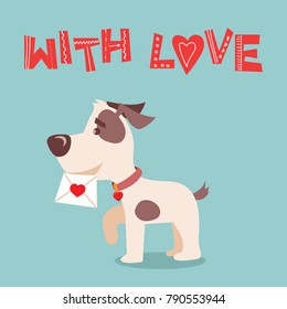 Vector illustration card of cute cartoon little Valentine dog-puppy in love and funny greeting text