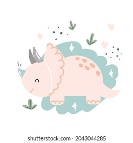 Tarjeta de ilustración vectorial con lindos dinosaurios y hojas. Vector para tela, textil, tarjeta, pegatina, impreso en forma de doodle dibujado a mano