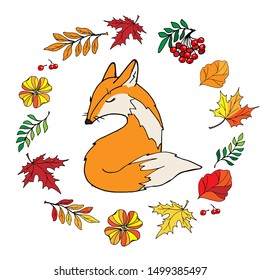 Vector illustration. Card with cute fox surrounded by flowers, berries  and leaves. Cartoon red foxes in modern simple style. The autumn palette.