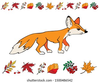 Vector illustration. Card with cute fox surrounded by flowers, berries  and leaves. Cartoon red foxes in modern simple style. The autumn palette.