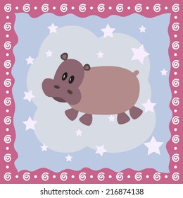 vector illustration of card with cute hippo