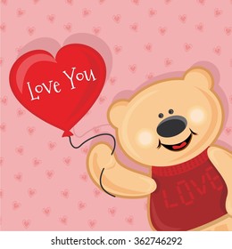 Vector illustration card cute teddy bear with the red heart