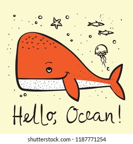 Vector illustration card with cute whales and funny hand drawn text - Be yourself