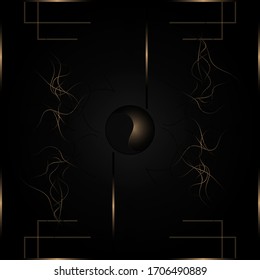 Vector illustration. card with a dark background and images of various geometric shapes of Golden-bronze gradient. yin-yang