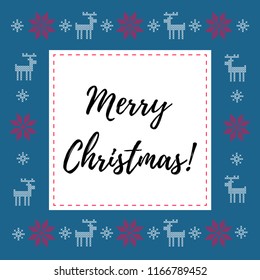Vector illustration card with dark blue background, red and white cross stitched snowflakes and reindeers. Text Merry Christmas