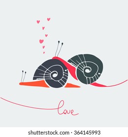 Vector illustration, card, declaration of love, the two funny snail with hearts, uncontrollable passion. Postcard for lovers.