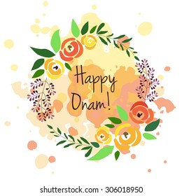 Vector illustration of card deducted to Onam. Indian motive artwork. Folk art template. 