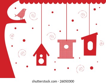 Vector illustration card design of bird in tree with bird houses