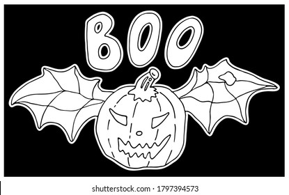 Vector illustration for card design and fall decoration. Halloween card with black outline pumpkin and bat wings on dark background.