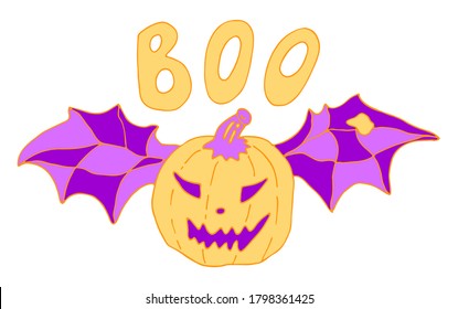 Vector illustration for card design and fall decoration. Halloween card with orange pumpkin and purple bat wings isolated on white background.