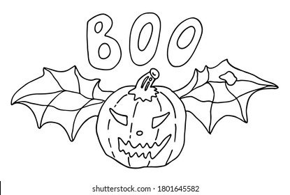 Vector illustration for card design and fall decoration. Halloween card with black outline pumpkin and bat wings isolated on white background.