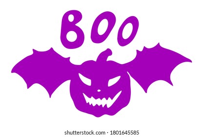Vector illustration for card design and fall decoration. Halloween card with pumpkin silhouette and purple bat wings isolated on white background.