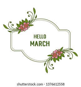 Vector illustration card design hello march and floral wreath of hand drawn