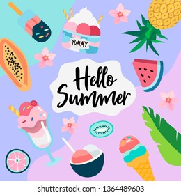Vector illustration of a card with a lot of different tasty ice cream and exotic fruits with tropic floral elements on a colorful background. Summer theme banner.